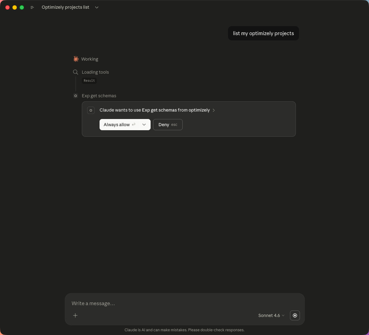 Claude requesting permission to retrieve schemas from the Optimizely Remote MCP Server