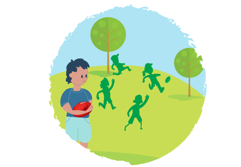 A boy standing alone holding a ball while other children play on a grassy hill nearby.
