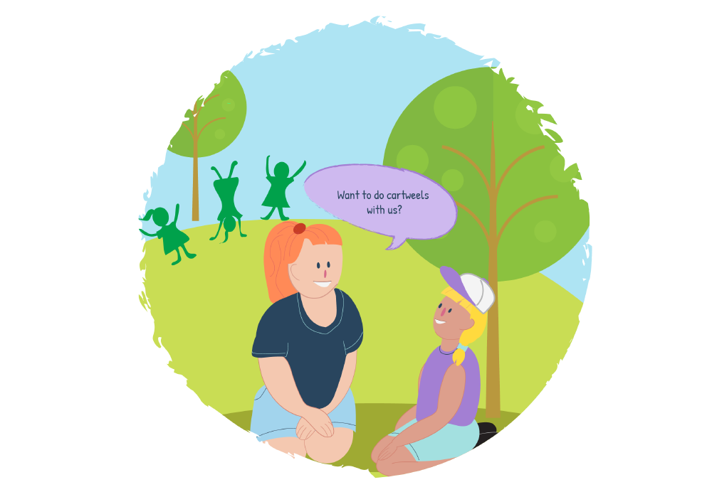 Two girls sitting together outdoors, with a speech bubble where one invites the other to join an activity.