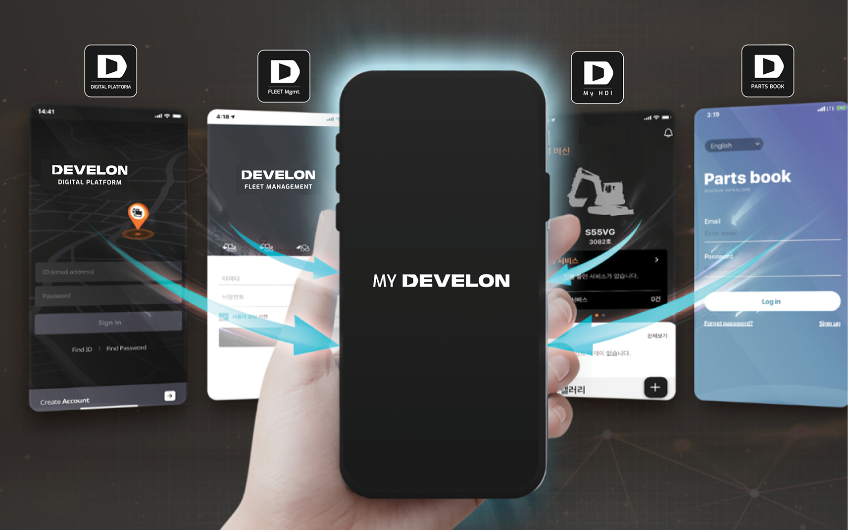 A visual of the MY DEVELON fleet management system available for smartphones.