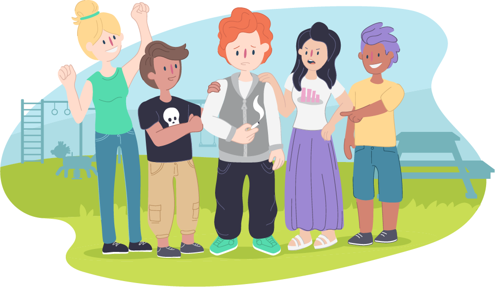 A group of illustrated young people standing together outdoors, with the person in the centre holding a cigarette and the other people having different reactions. 