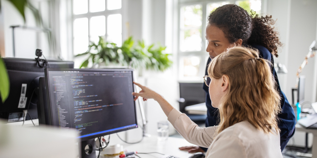 Coworkers discussing computer program in office