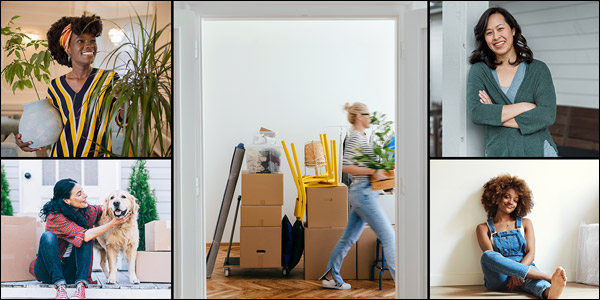 A collage of various photos of diverse women enjoying their homes