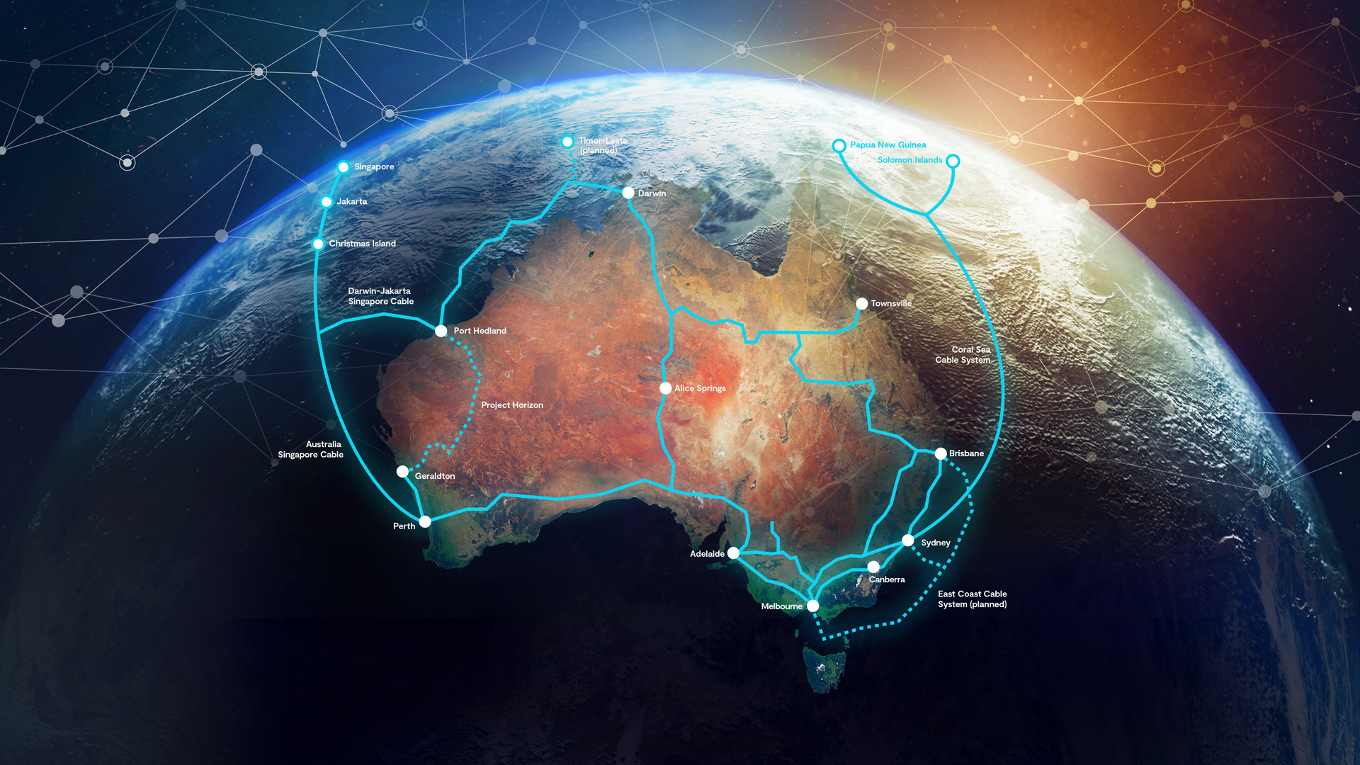 A map of Australia overlaid on a view of the Earth from space, highlighting various cities and locations connected by the Vocus network. The cities and locations marked include Christmas Island, Darwin, Port Hedland, Perth, Adelaide, Melbourne, Sydney, and Brisbane/Gold Coast/Sunshine Coast. Additionally, there are connections to international locations such as Jakarta (Indonesia) and Singapore (Singapore). This image visually represents the connectivity infrastructure within Australia and its links to other parts of the world, emphasizing the importance of these networks for communication or transportation.