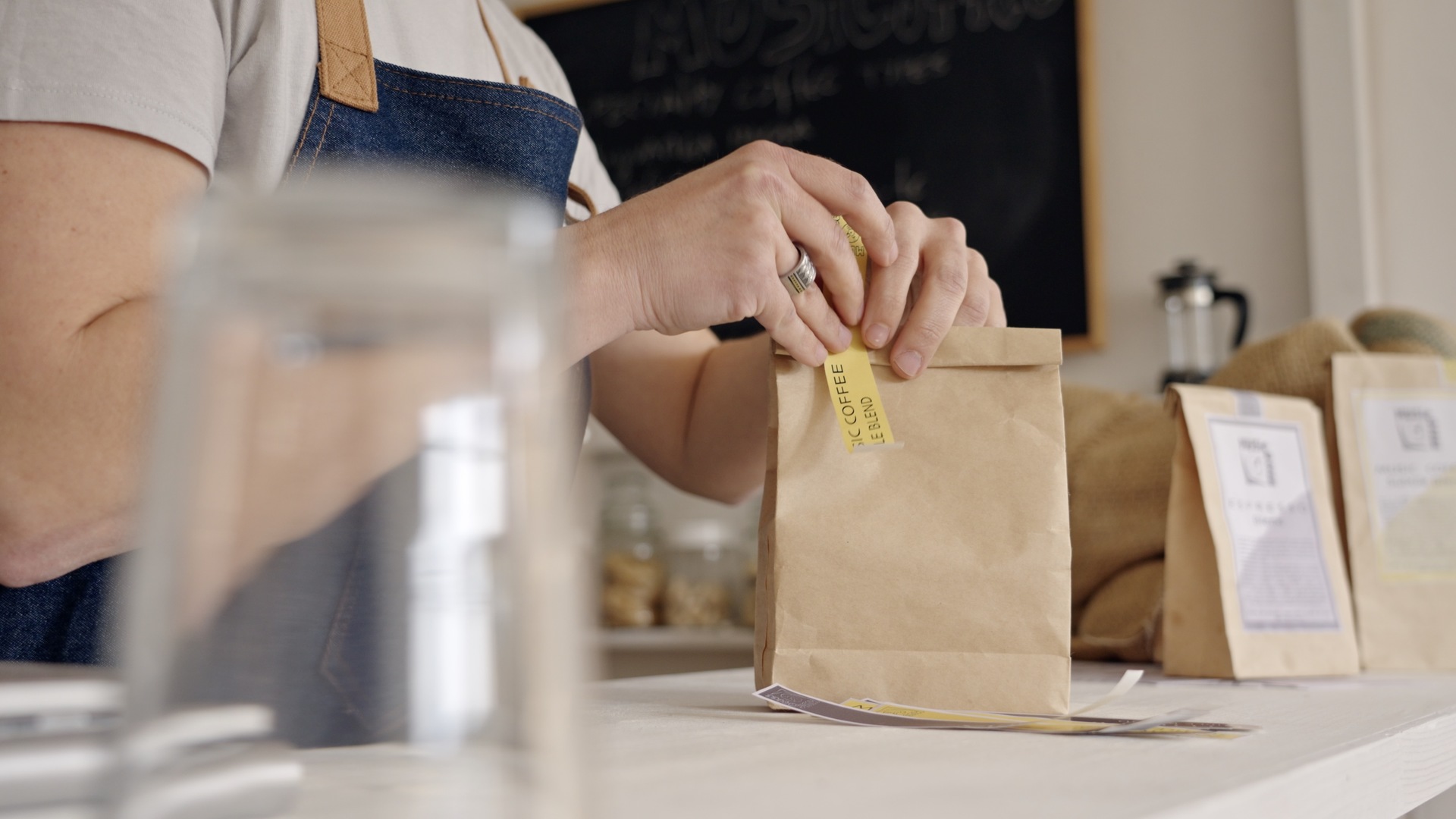 Zero Waste Coffee Shop. Barista Prepares Online Orders