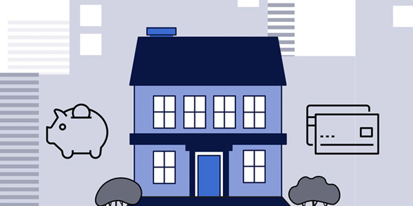 A graphic of a house with a piggy bank and credit cards on either side 