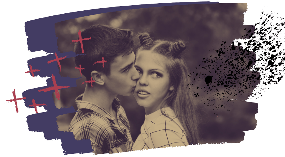 A photo of two people facing each other closely with faces blurred, overlaid with dark brush textures and red cross symbols.