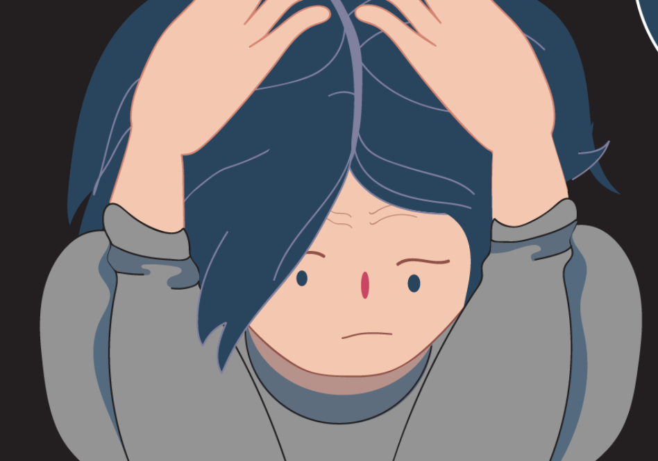 Teen boy sitting with his head in his hands surrounded by thoughts of different substances