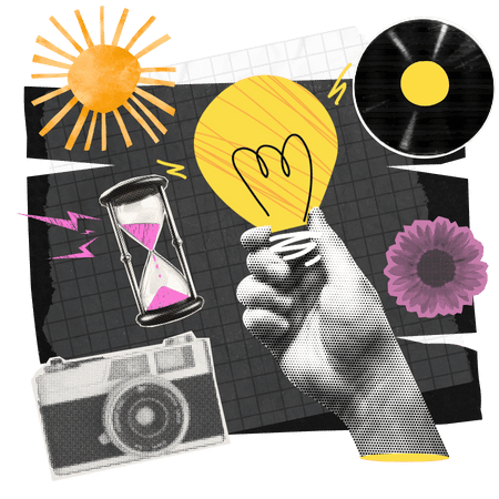 Illustration showing a hand holding a glowing light bulb. Surrounding collage elements include a sun, a vinyl record, an hourglass, a camera, lightning shapes, and abstract textures on a dark grid background.