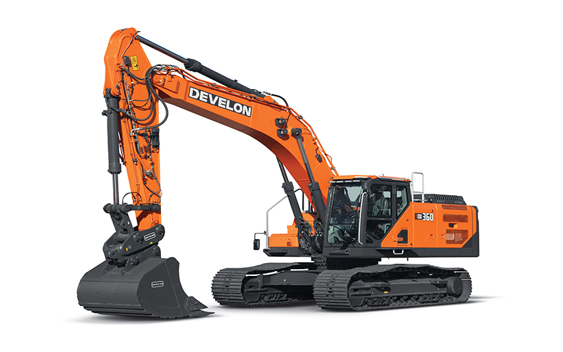 A DEVELON DX360LC-9 crawler excavator paired with a bucket.
