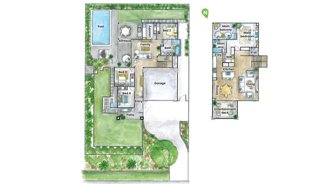 A rendered floorplan with labels. The house has two levels and a pool.