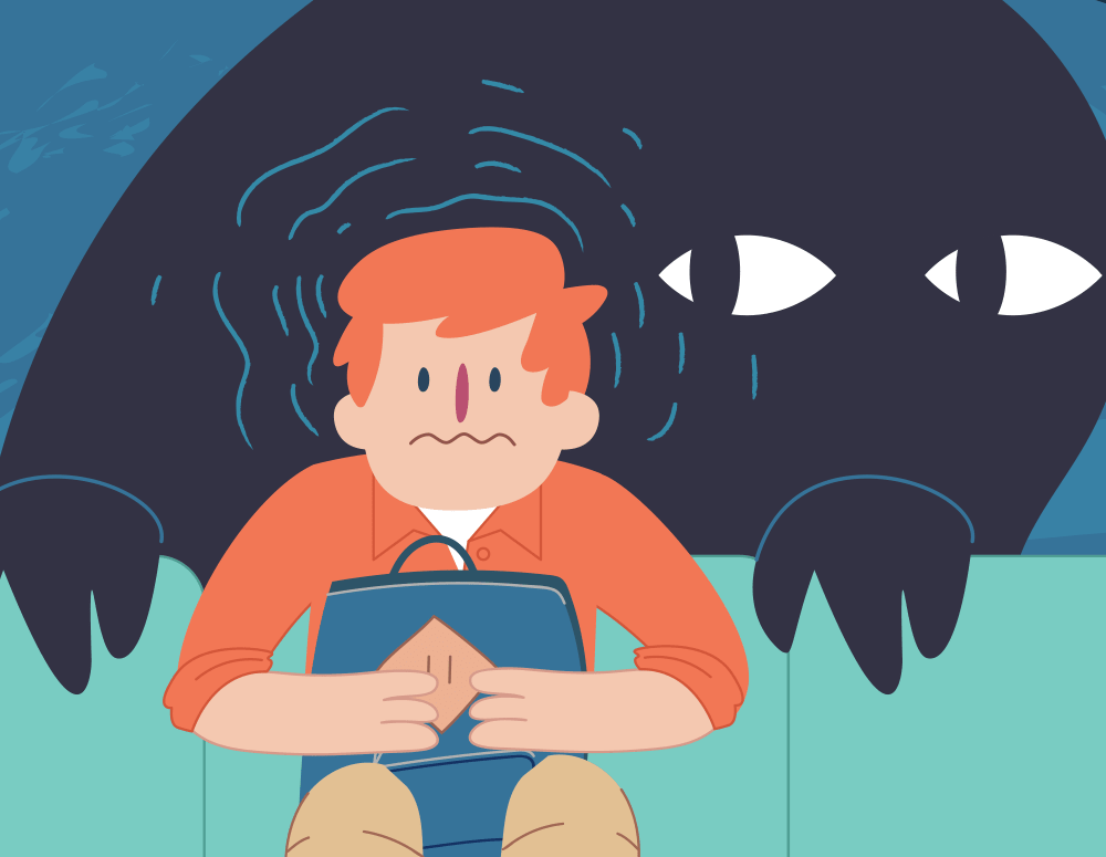 Boy sitting on bus seat with shadow of a big scary monster behind