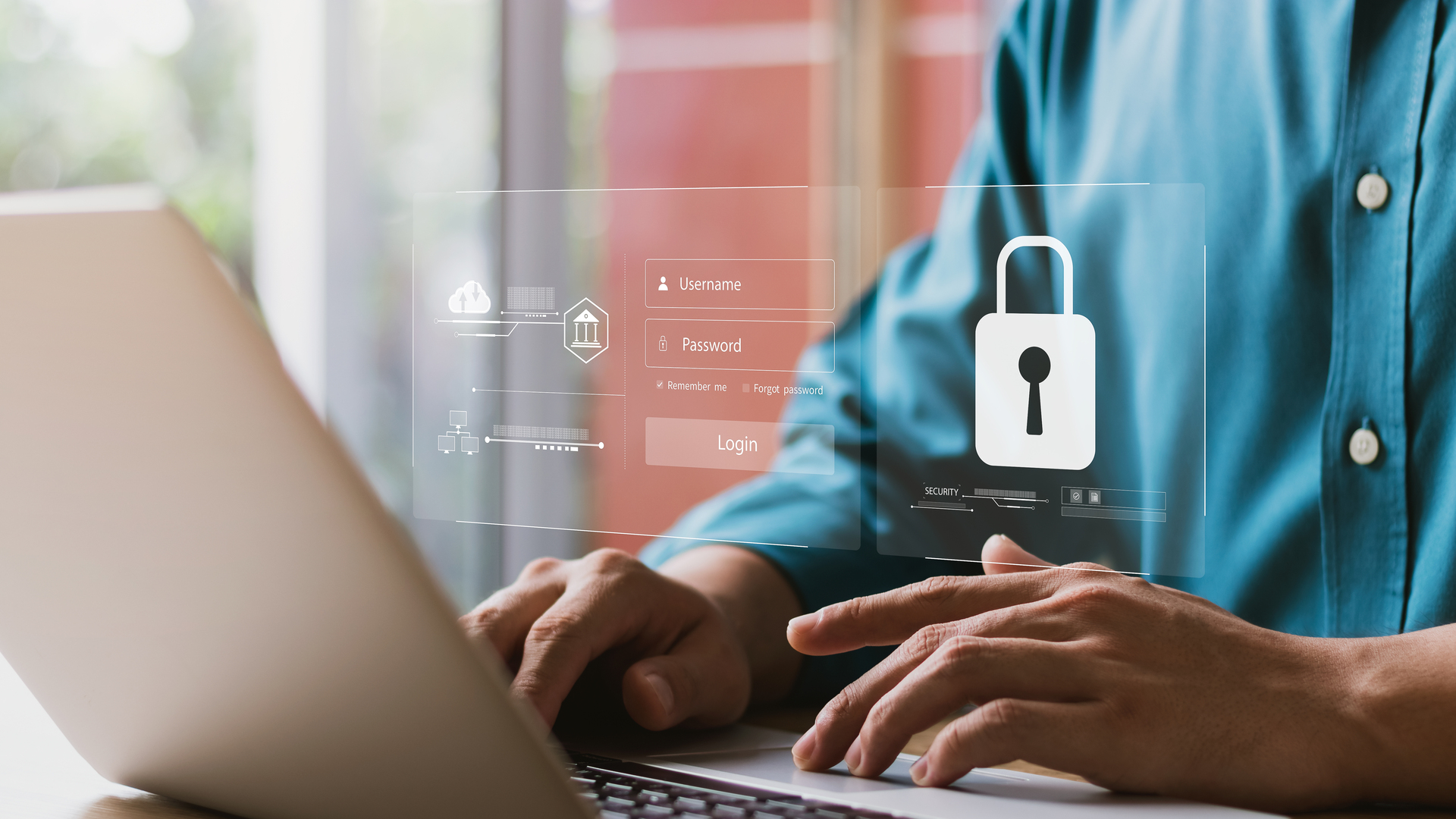 Cybersecurity and privacy concepts to protect data. Lock icon and internet network security technology. Businessmen protecting personal data on laptop and virtual interfaces.