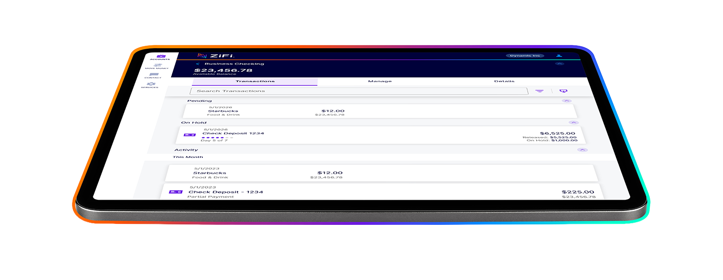tablet displaying ZiFi online mobile banking app