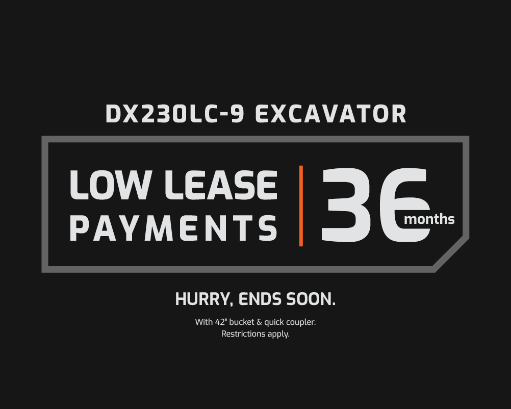 The low lease payments for 36 months wheel loader banner.