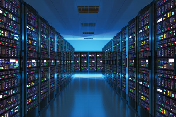 Data center corridor lined with glowing blue server racks and network infrastructure hardware