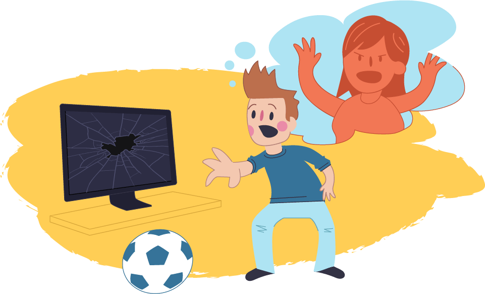 A smashed TV with a soccer ball nearby and a boy reaching out, with a thought bubble above his head showing an angry woman.