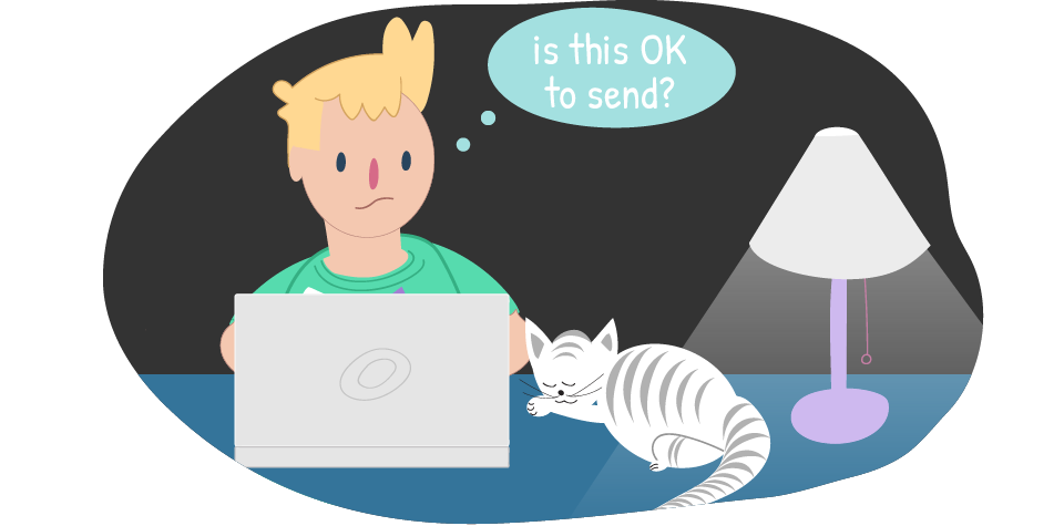 A child using a laptop with a thought bubble that says, “Is this OK to send?”.