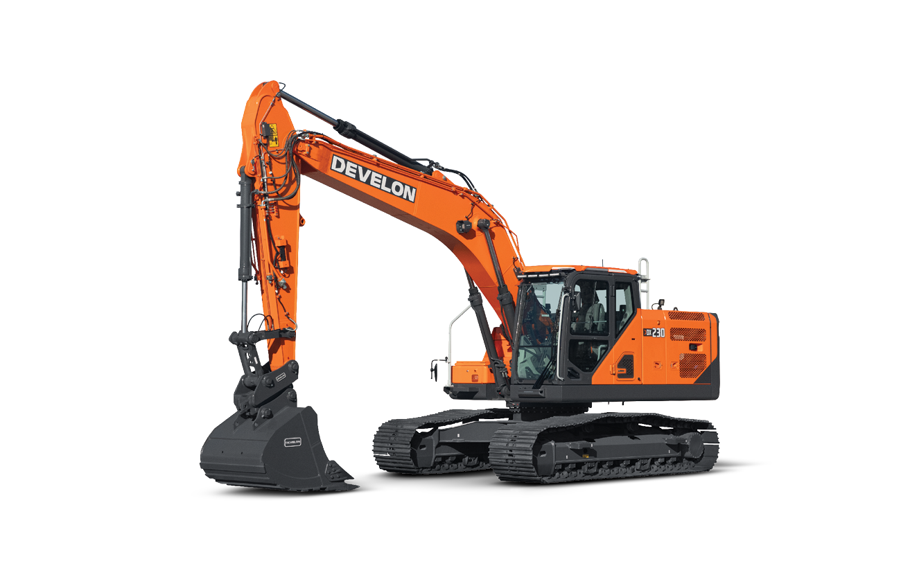 The next-generation DEVELON DX230LC-9 crawler excavator against a white background.