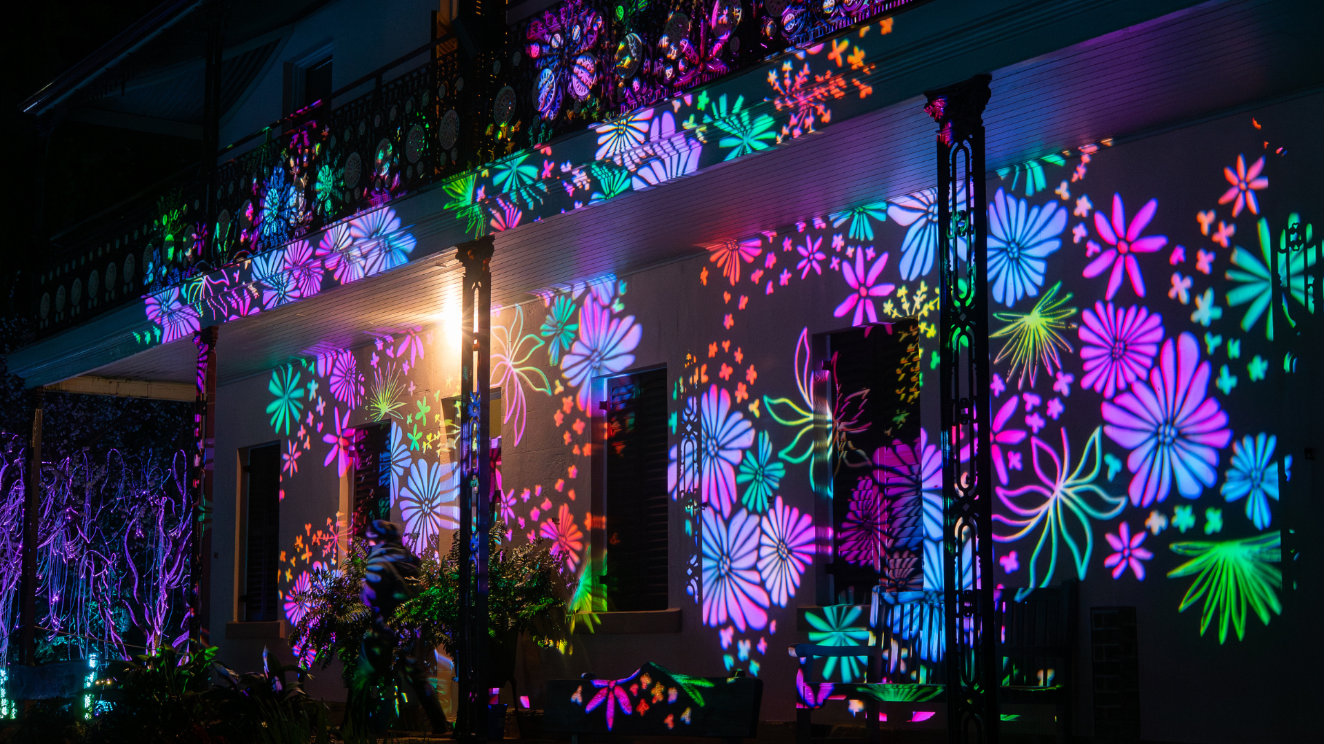 Colourful projected lights in the building
