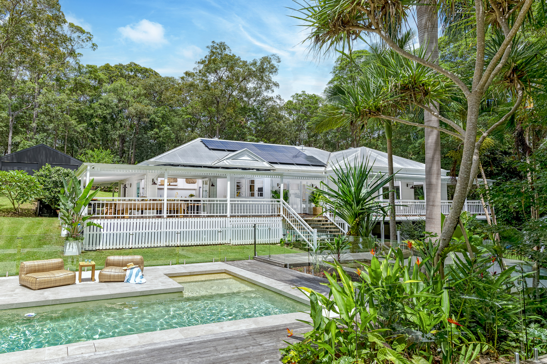yourtown Prize Home Draw 546 in Doonan on the Sunshine Coast, QLD. Modern Queenslander home with a pool with a cabana, 3 bedrooms and separate guest retreat. There is a shed and a cubby house and large area of land.