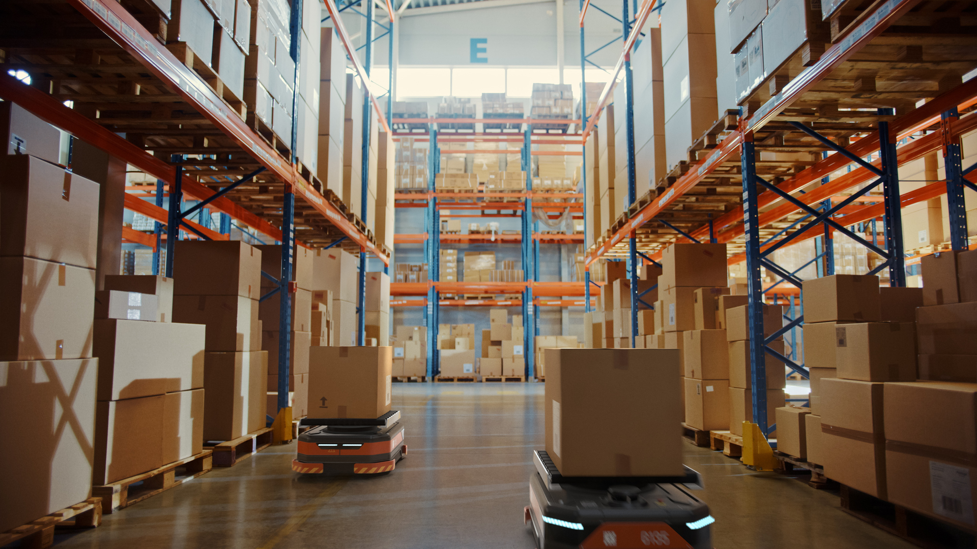 Future Technology 3D Concept: Automated Retail Warehouse AGV Robots with Infographics Delivering Cardboard Boxes in Distribution Logistics Center. Automated Guided Vehicles Goods, Products, Packages