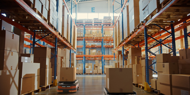 Future Technology 3D Concept: Automated Retail Warehouse AGV Robots with Infographics Delivering Cardboard Boxes in Distribution Logistics Center. Automated Guided Vehicles Goods, Products, Packages