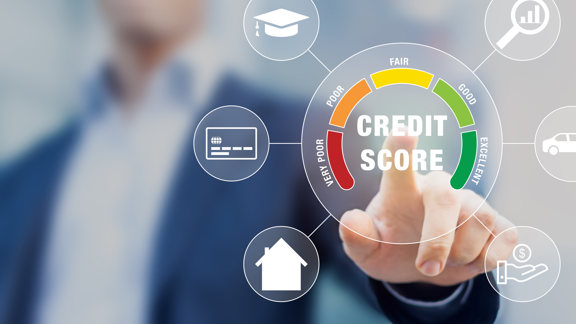 Credit Score rating based on debt reports showing creditworthiness or risk of individuals for student loan, mortgage and payment cards, concept with business person touching scorecard on screen