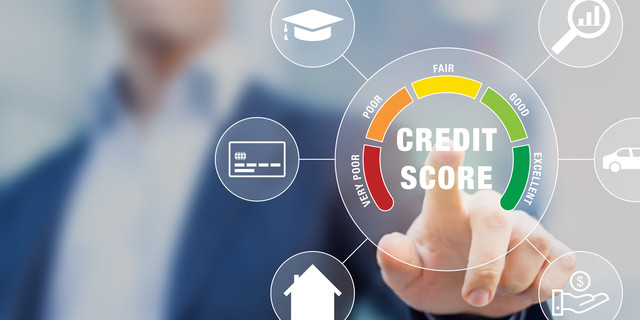Credit Score rating based on debt reports showing creditworthiness or risk of individuals for student loan, mortgage and payment cards, concept with business person touching scorecard on screen