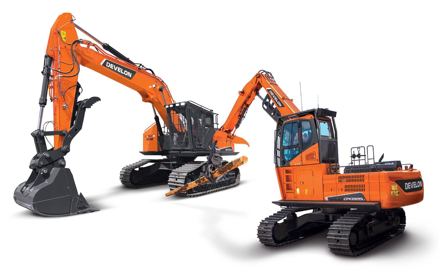 A DEVELON DX225RB-7 road builder and DX225LL-7 log loader side by side on a white background.