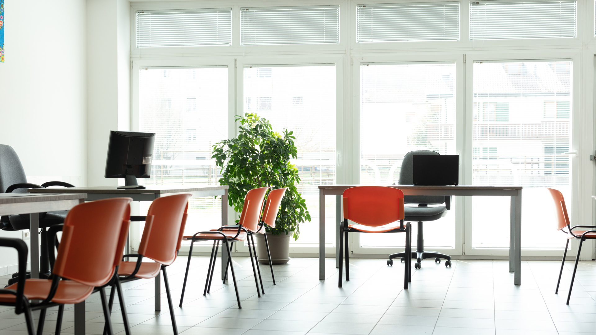 Bright deserted office room during virus pandemic