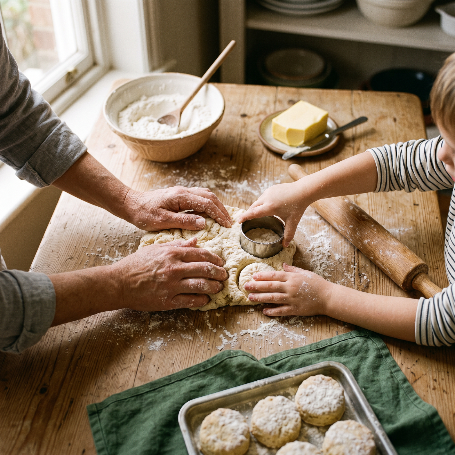 Two pairs of hands shaping scone dough together on a floured kitchen table