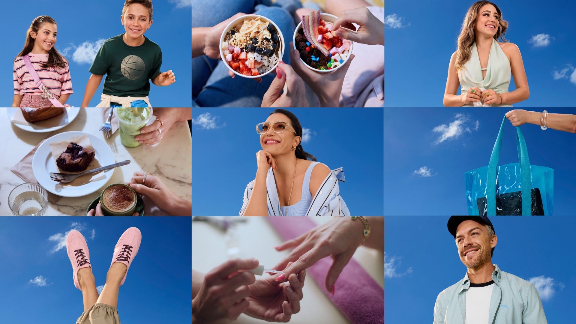 woman, man, and 2 kids in front of sky background in spring clothing