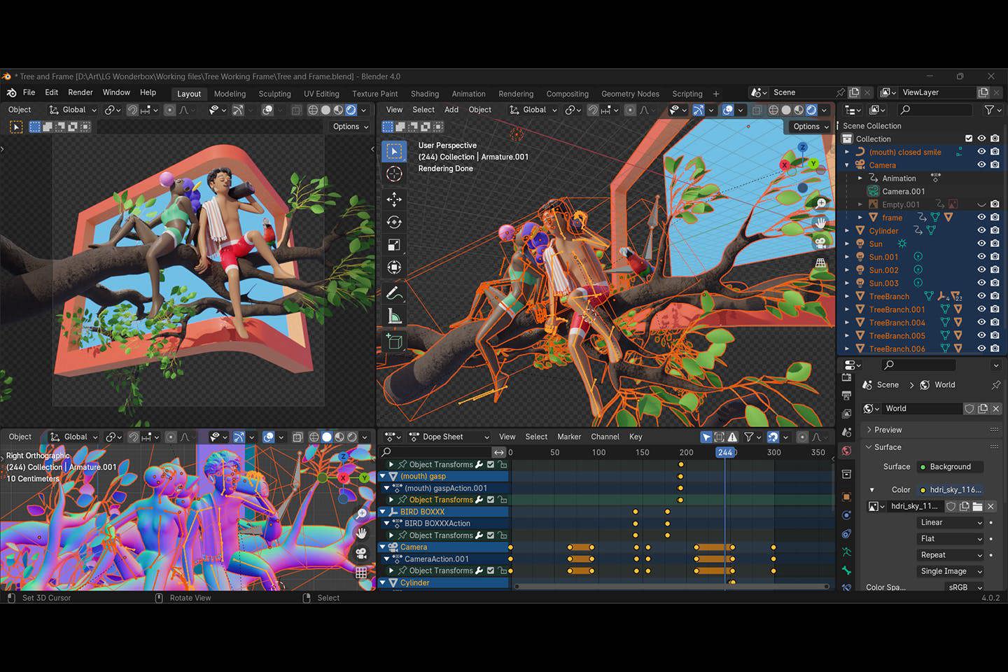 A screenshot of the digital rendering-in-progress of the animation Peace is Within, created with Blender.
