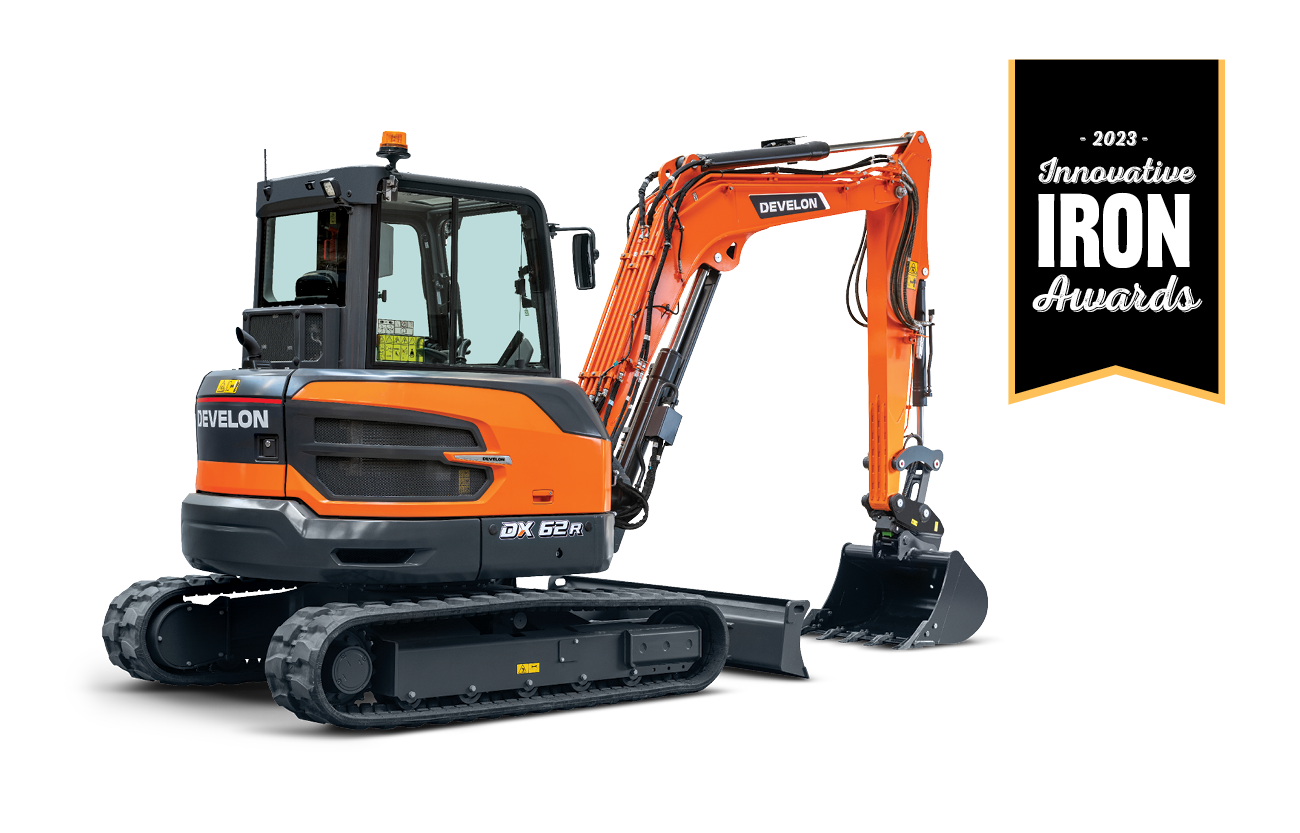 A DEVELON DX62R-7 reduced tail swing mini excavator. 