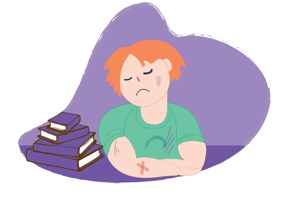 Illustration of a young boy seated beside a stack of books, with visible marks and a bandage on the arms. The background is plain with purple shapes.