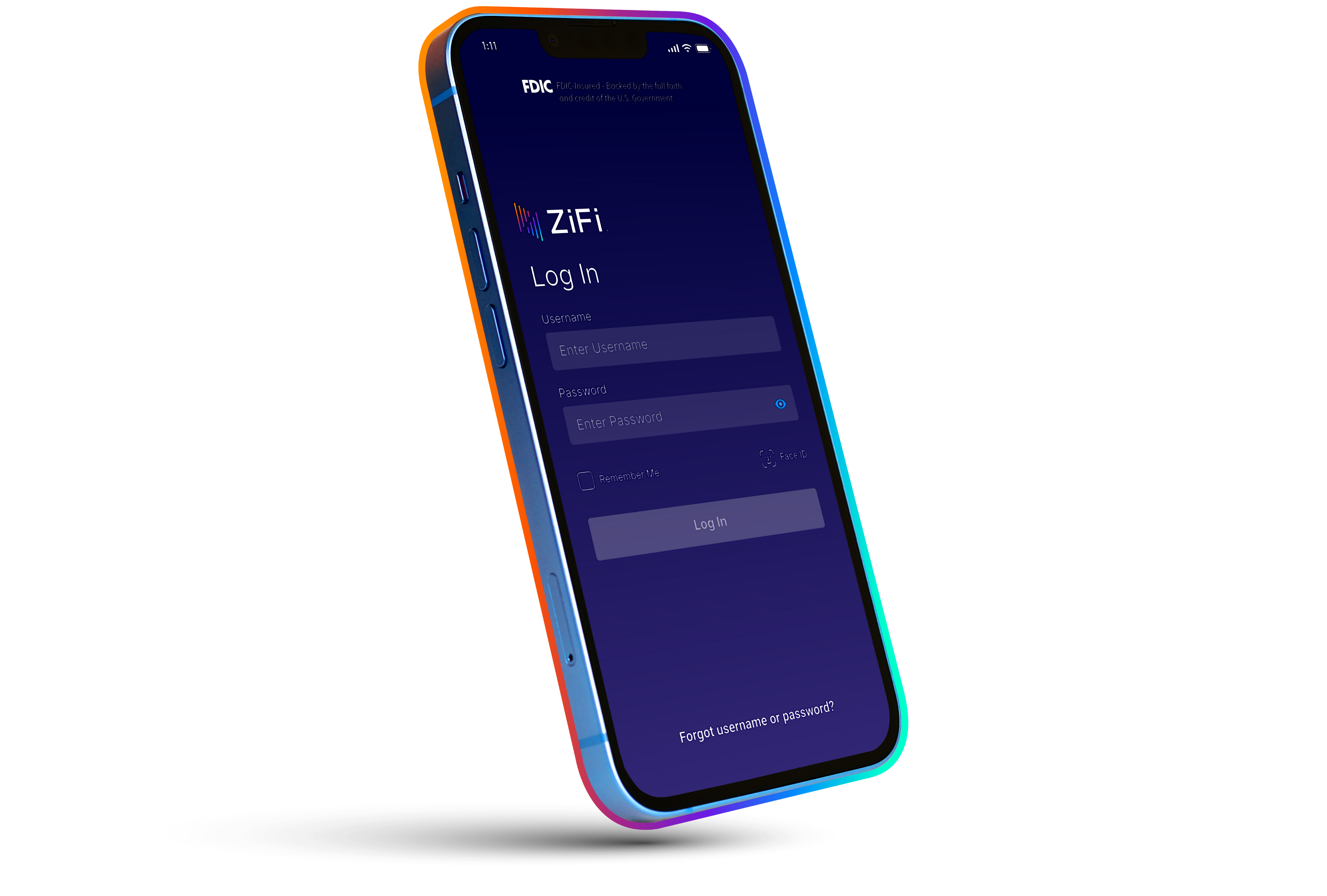 phone with ZiFi mobile banking login screen