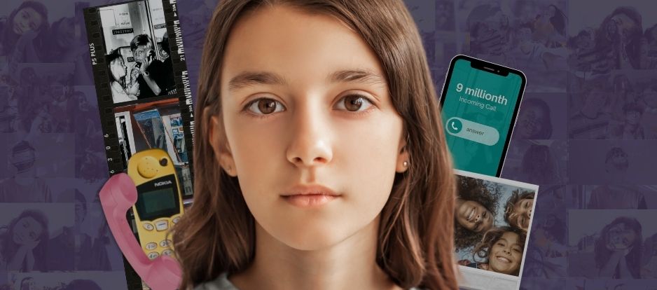 Girl in front of phones and photos for Kids Helpline's 9 millionth call