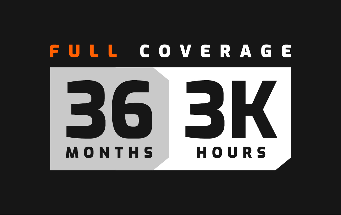 The DEVELON 36-month, 3,000-hour full coverage warranty logo.