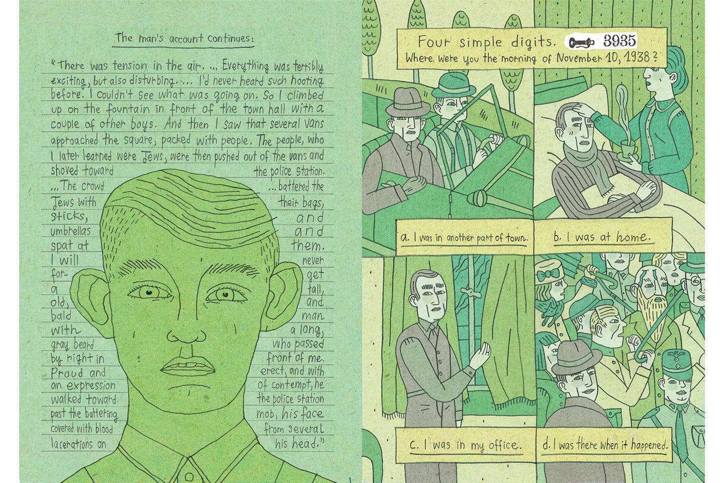 Two side-by-side scrapbook illustrations depicting parts of the story of a German man.