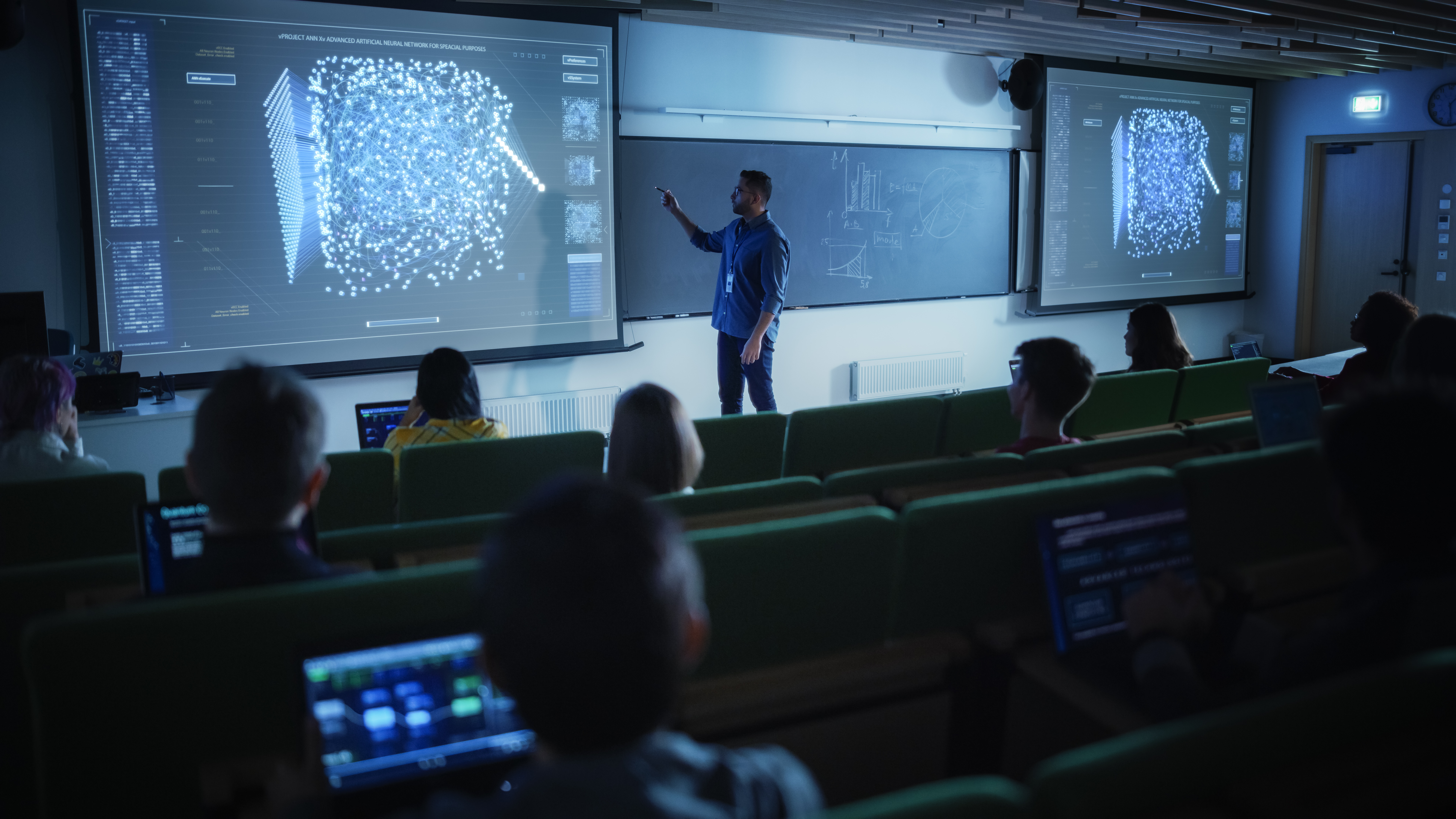 4K projectors and educational technology enhance a college presentation with visual learning solutions.