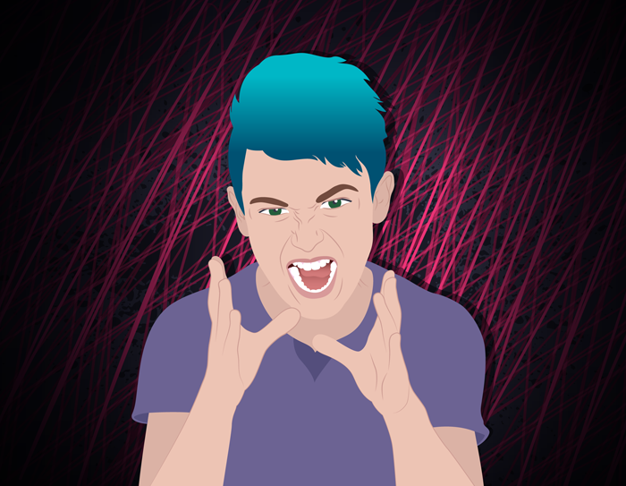 A person screaming and clenching their hands in the air