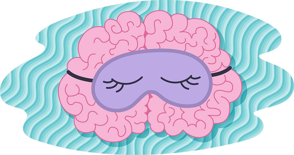 Illustration of a brain wearing a sleep mask, shown against a wavy patterned background.