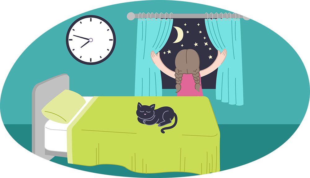 Illustration of a bedroom with a bed and a cat resting on the blanket. A person stands at a window opening curtains to a night sky with stars and a moon. A wall clock is visible.