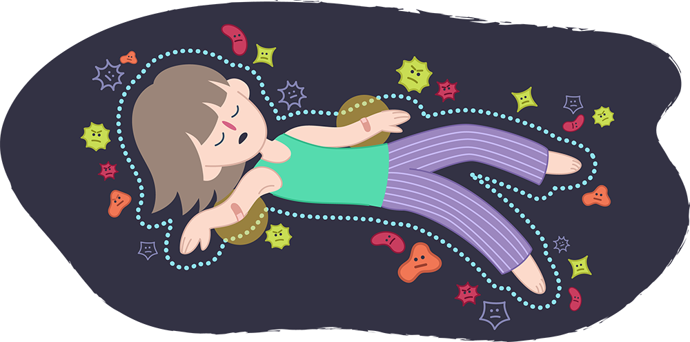 Illustration of a person lying down with dotted lines outlining the body shape. Small abstract shapes, that show pain or illness appear around the body on a dark background.
