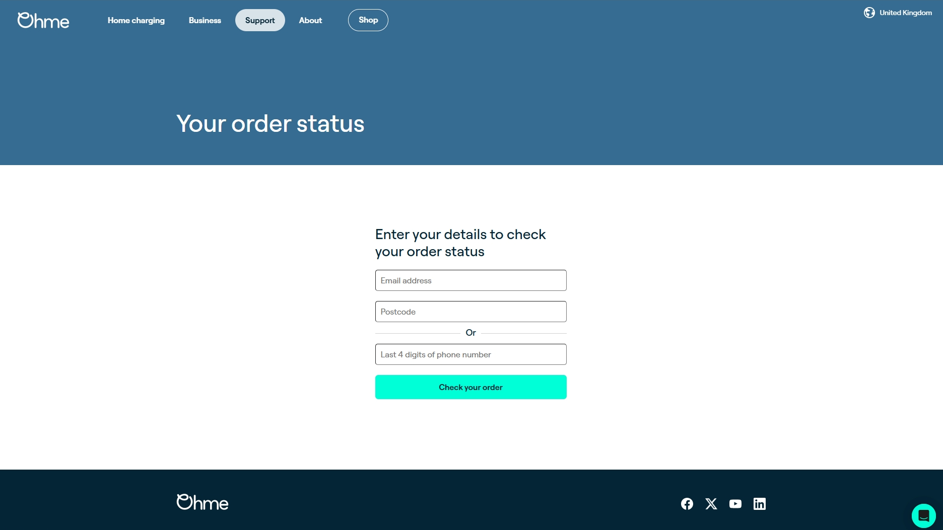 Screenshot of the Ohme order status page showing a form with fields for email, postcode, and phone number. The page header reads “Your order status” and includes a button labeled “Check your order.” Navigation links and social media icons appear at the top and bottom.