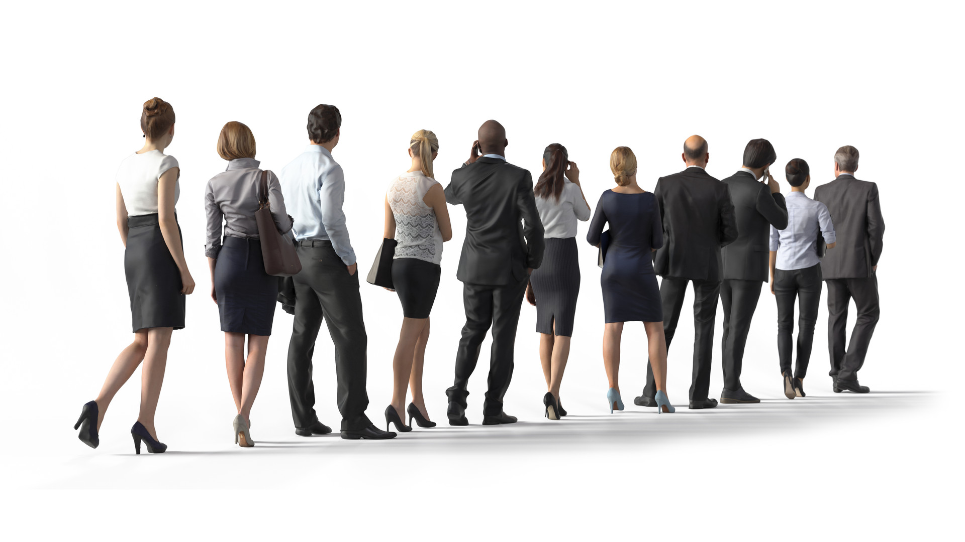 Back view of standing business people. Illustration on white background, 3d rendering isolated.