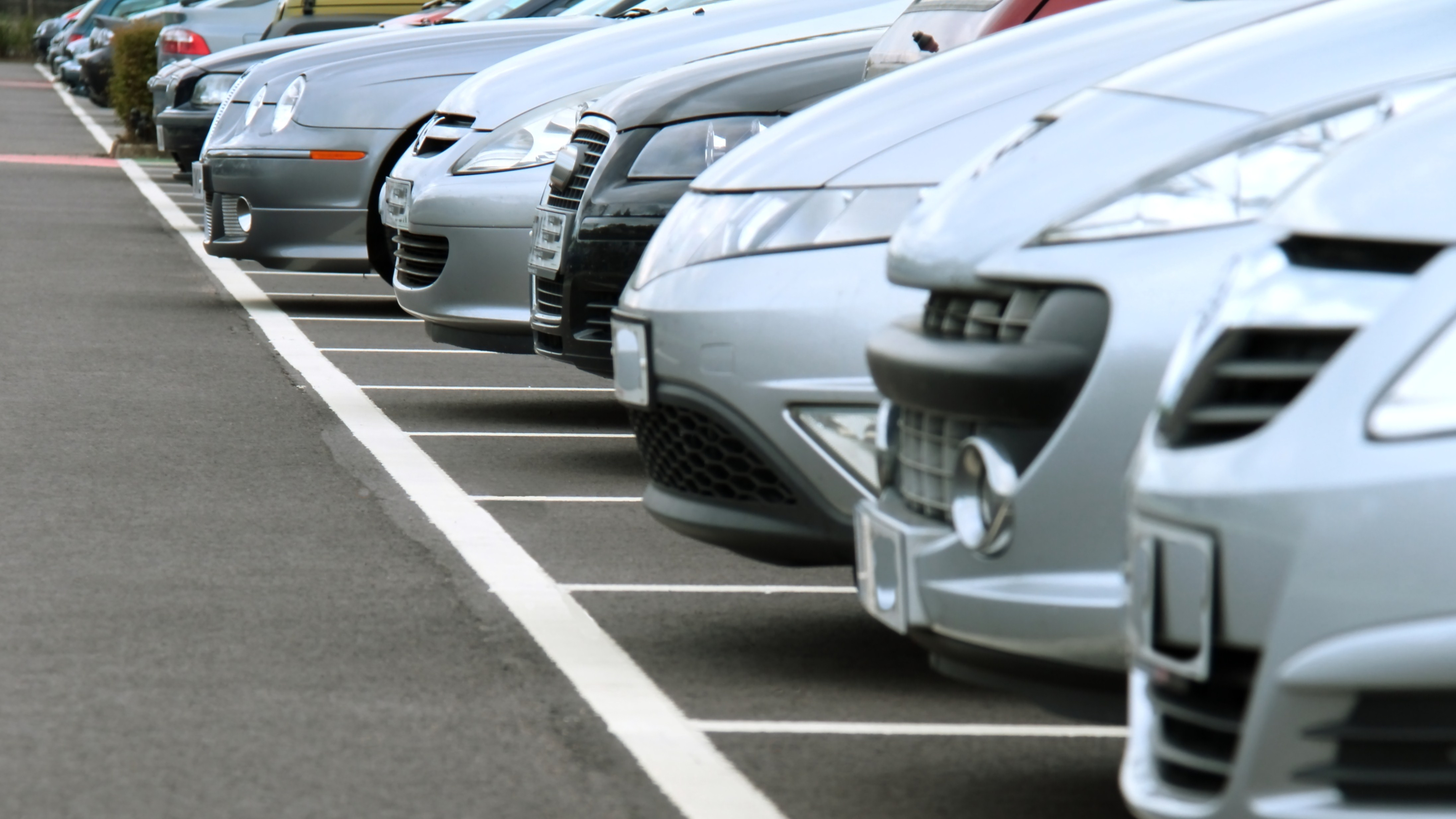 A row of parked cars is shown in a parking lot, all neatly aligned within marked parking bays. The photo is taken from a low angle, focusing on the front ends of the vehicles, which are mostly silver or gray. The smooth asphalt and orderly arrangement suggest a well-maintained and organized parking area.