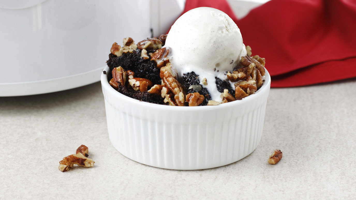 Bowl of Slow Cooked Chocolate Pecan Pie Cake