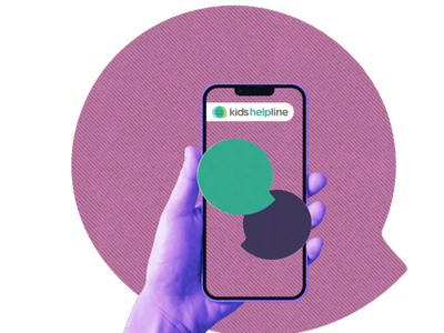 A hand holding a phone. The phone says Kids Helpline and has two speech bubbles from a chat.